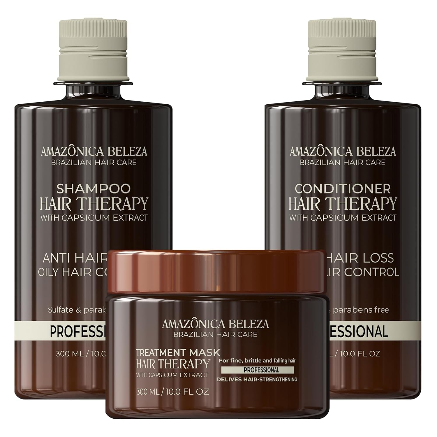 AMAZONICA BELEZA Hair Therapy Kit - Shampoo, Conditioner, Hair Mask (300Ml/10.1 Oz) | Professional Line | Removes Oiliness, Prevents Hair Loss, Promotes Growth