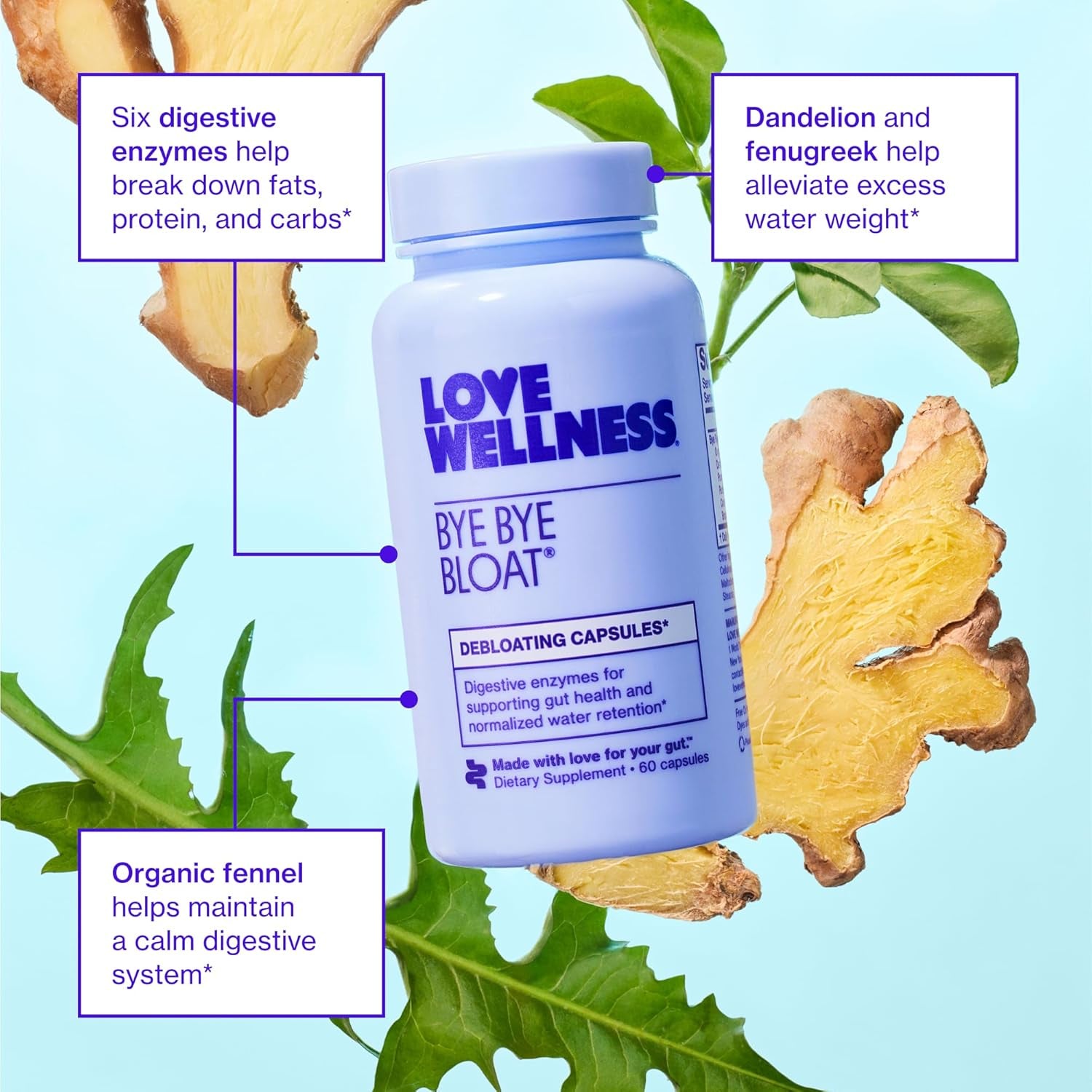 Bye Bye Bloat | Digestive Enzymes for Fast Acting Bloating Relief for Women | Helps Reduce Water Retention & Gas Relief | Supports Digestive Health with Fenugreek & Dandelion | 60 Count