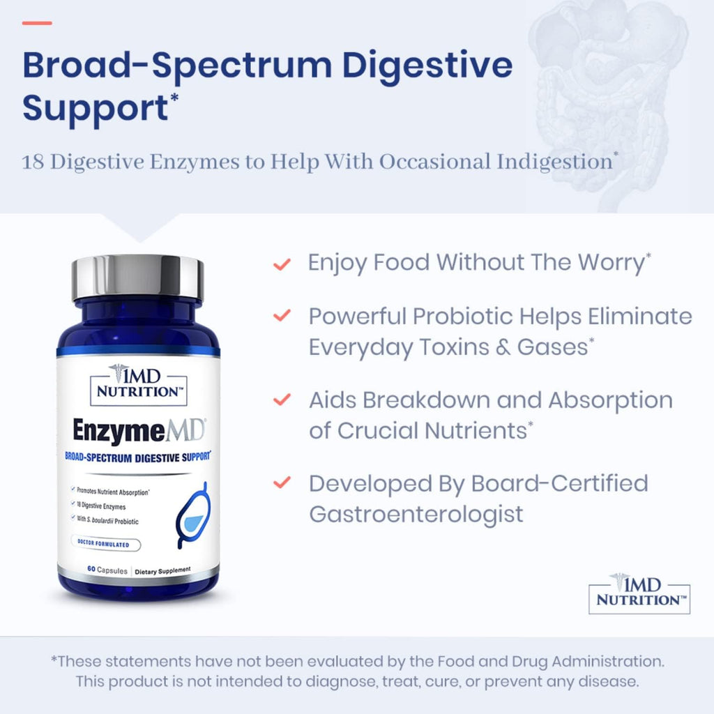 Enzymemd - Digestive Enzymes Supplement - Doctor Formulated | 18 Plant-Based Enzymes - Gas & Bloating Support | 120 Capsules (2-Pack)