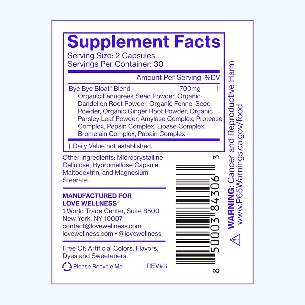 Bye Bye Bloat | Digestive Enzymes for Fast Acting Bloating Relief for Women | Helps Reduce Water Retention & Gas Relief | Supports Digestive Health with Fenugreek & Dandelion | 60 Count
