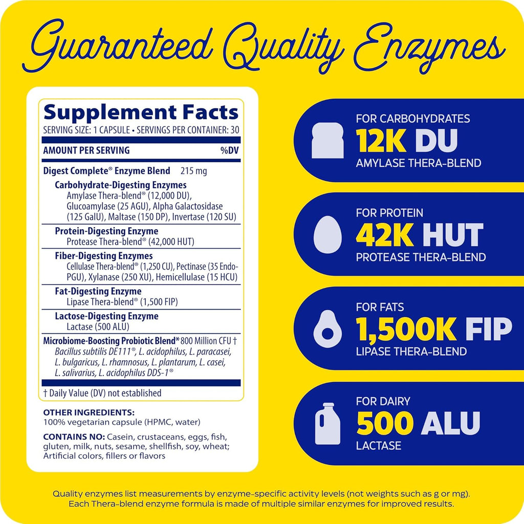 , Digest Complete + Probiotics, Gentle Digestive Enzymes with 400 Million CFU Active Cultures per Capsule, 30 Capsules